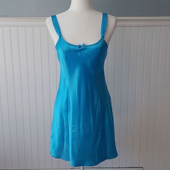 Morgan Taylor Intimates Teal‎ Turquoise Aqua Blue Polka Dot Nightgown Nightie S - Picture 1 of 15